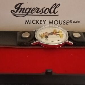 1971 Ingersoll White Dial Mickey Mouse Watch with Black Leather Strap